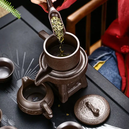 High Quality Ceramic Lazy Man Style Automatic Rotating Insulation Tea Set Suitable for Home  Making