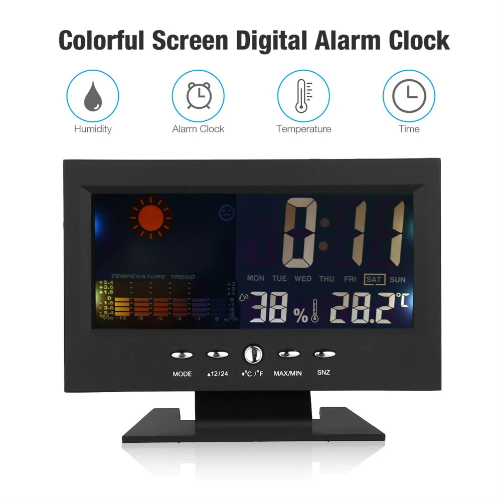 5-in-1 Led Digital Alarm Clock Calendar Weather Display Thermometer Humidity Monitor With Snooze Functions