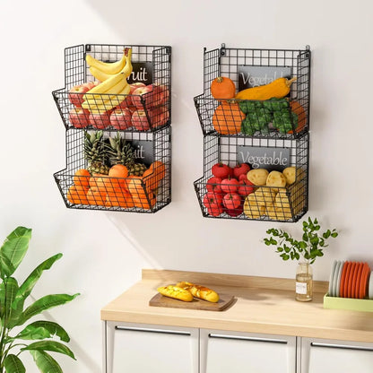 Metal Wire Basket Wall Mount, 4 Tier Extra Large Wall Storage Basket Organizer with Chalkboards, Kitchen Fruits and Vegetables