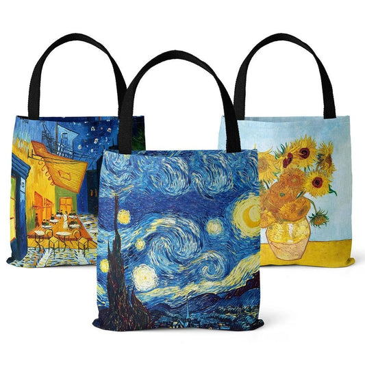 Van Gogh Series Canvas Bag Painting Starry Night Sunflower Apricot Flower Coffee Holder Handbag Lightweight Buas