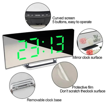 Curved Screen Mirror LED Digital Clock Creative Digital Alarm Clock with Large Display USB Charging Powered Bedside Table Clock