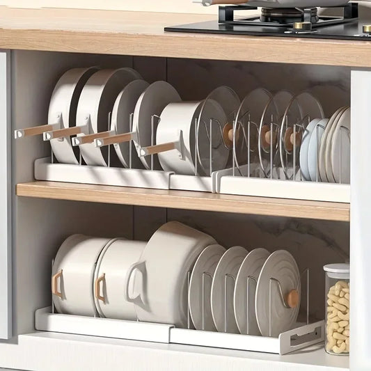 Expandable Kitchen Cabinet Pot Organizer Rack Multi-purpose Adjustable Divider Pans Frying Pan Holder Bowl Shelf