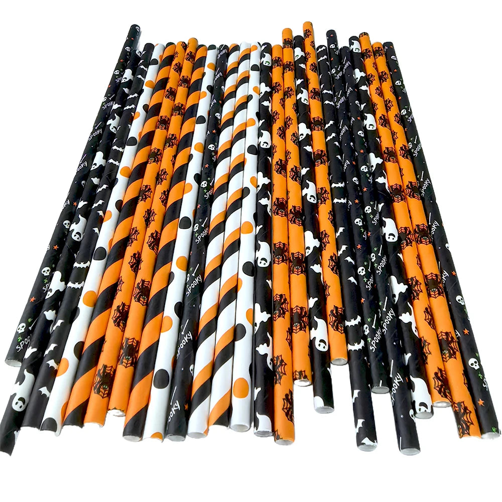 25/50/100pcs Halloween Party Favours Paper Straws Black and Orange Party Biodedbroadable Drink Stripe Straws til Halloween