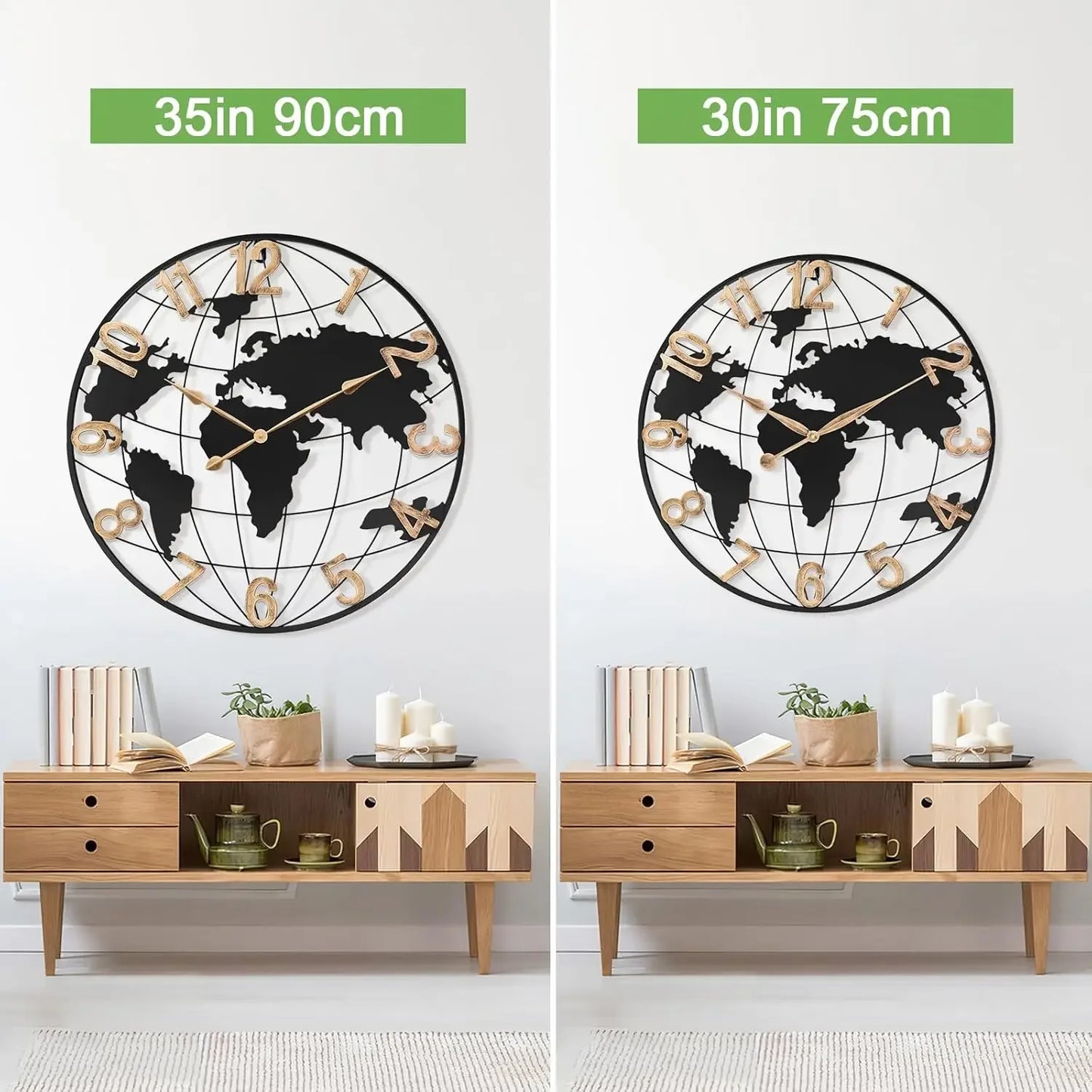 36 Inch Extra Giant Oversized Black Metal Wall Clock,Large Modern Decorative Silent World Map Wall Clock