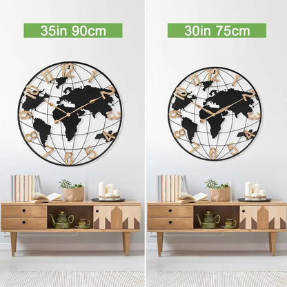 36 Inch Extra Giant Oversized Black Metal Wall Clock,Large Modern Decorative Silent World Map Wall Clock