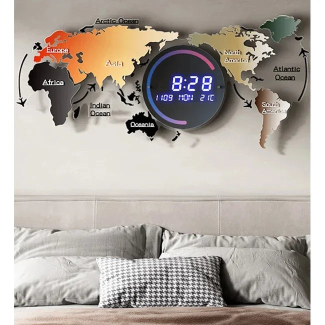 # 74x34cm Wall Decorative Acrylic Digital Wall Clocks Creative World Map Shape Smart Led Clock With Calendar #