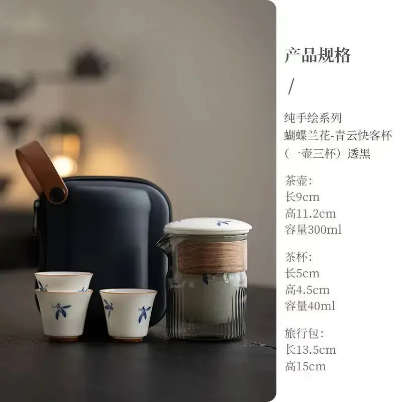 Hand Painted Orchid Travel Tea Set Suit Portable Portable Outdoor Tea Making Gaiwan Ceramic One Pot Fills Three Cups