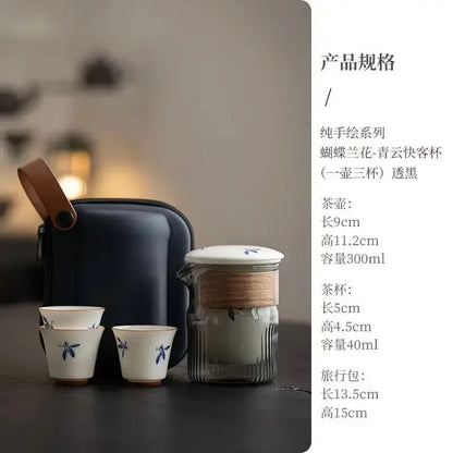 Hand Painted Orchid Travel Tea Set Suit Portable Portable Outdoor Tea Making Gaiwan Ceramic One Pot Fills Three Cups