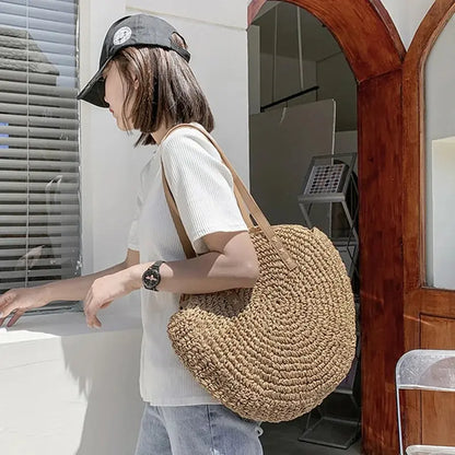 Summer Round Straw Women Vacation Woven Beach Shoulder Bag Large Capacity Hollow Out Simple Tote Bag