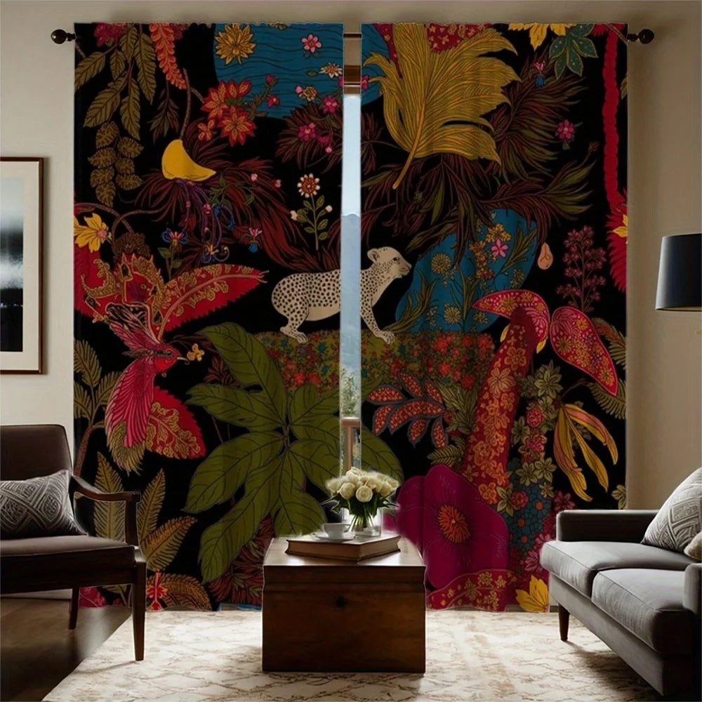 2pcs Tropical Rainforest Curtains - Black Background with Leopard, Birds & Floral Print, Polyester Velvet Fabric, Rod Pocke
