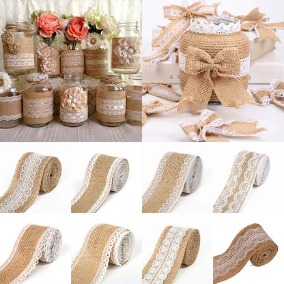 2M/Roll Natural Vintage Jute Burlap Lace Ribbon Crafts DIY Syning Jute stof Gaveindpakning Bryllupsfest Juleparti Dekoration