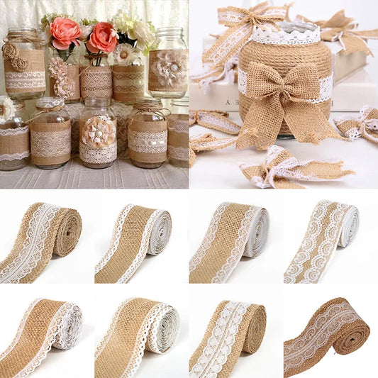 2M/Roll Natural Vintage Jute Burlap Lace Ribbon Crafts DIY Sewing Jute Fabric Gift Wrap Wedding Party Christmas Home Decoration