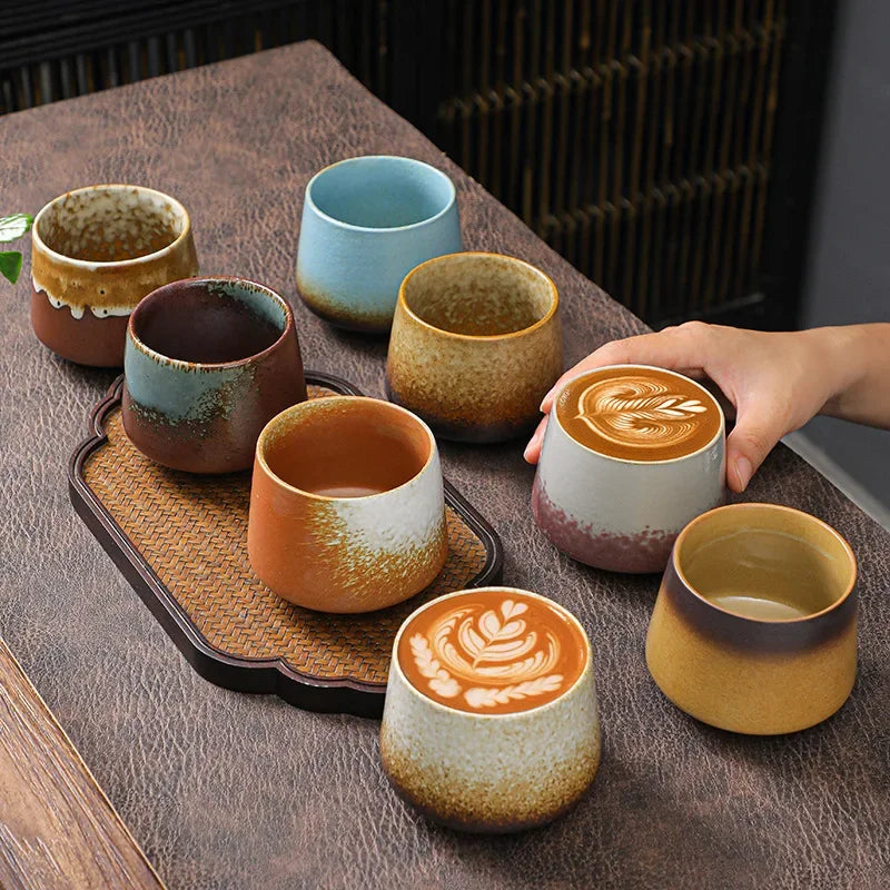 200ml Handmade Pottery Cup Retro Ceramic Coffee Cup with Flower Pattern