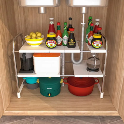 Versatile and Space-Saving Kitchen Sink Storage Rack - Retractable Shelf for Floor-to-Ceiling Cabinet, Pot Rack Included