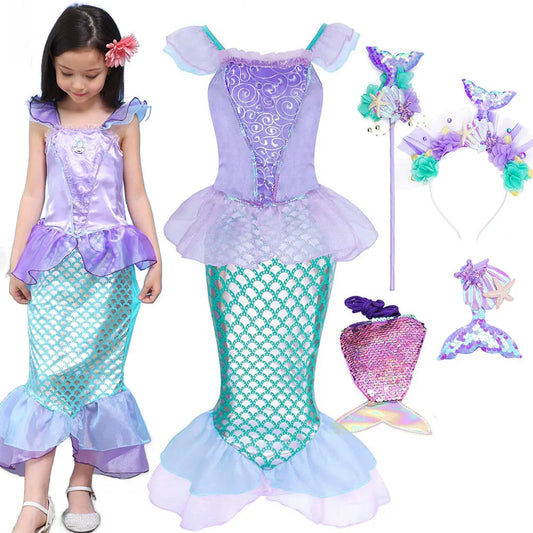 NEW Casual Ariel Mermaid Costume for Toddler Dress up Party Girls Siren Disguise Halloween Princess Apparel Fairy Little Mermaid