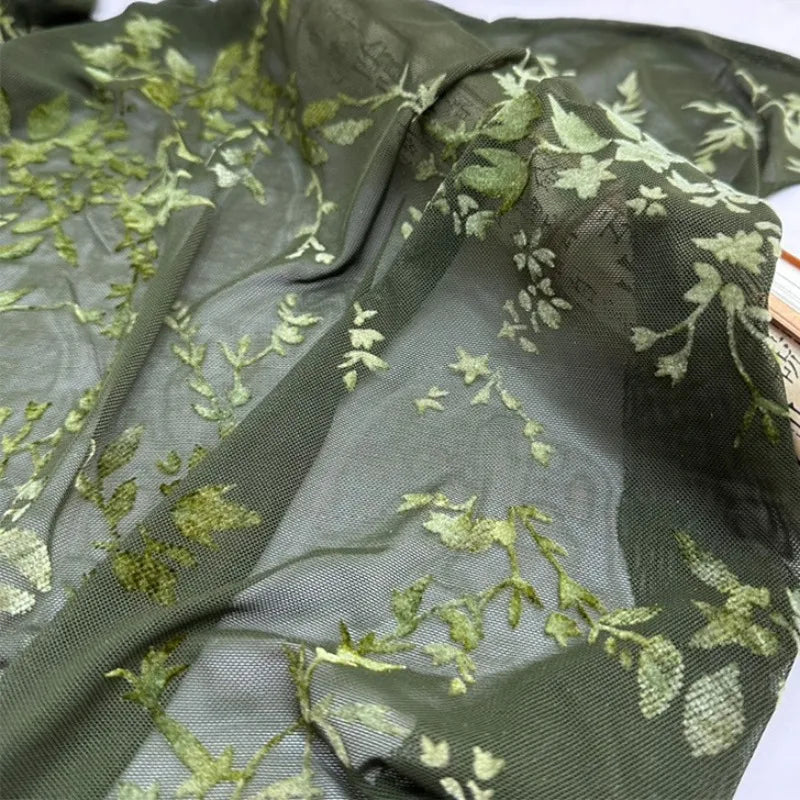 1Yard Dark Green Flocking Mesh Fabric Retro Jacquard Brocade Burnout Fabrics Tulle Lace Fabric for Sewing Dress Cheongsam