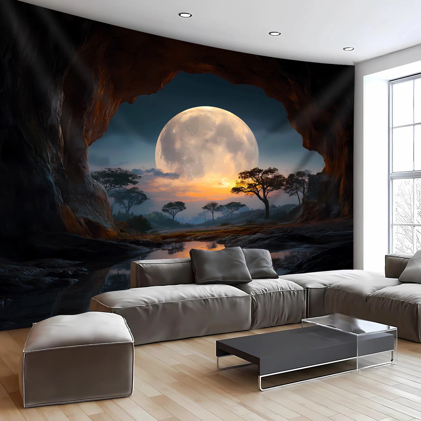 1 piece Tranquil Cave Forest Moon Scenery Tapestry - Polyester fabric, machine washable, suitable for living room, bedroom