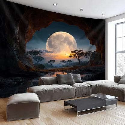 1 piece Tranquil Cave Forest Moon Scenery Tapestry - Polyester fabric, machine washable, suitable for living room, bedroom
