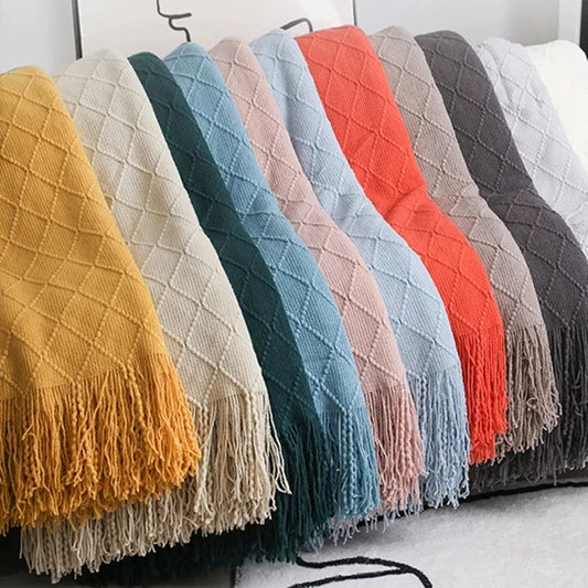 Nordic Knitted TV Blankets Bed End Decor Drop Ship Shawl Sofa Blanket with Tassels Scarf Sofa Emulation Fleece Throw Blanket