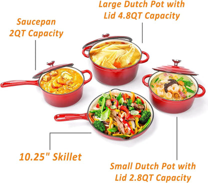 Enameled Cast Iron Cookware Set - 7 Piece Dutch Ovens Set, Sauce Pan, Skillet, 3 Lids, Pots and Pans Set, Ceramic Coated Cast I