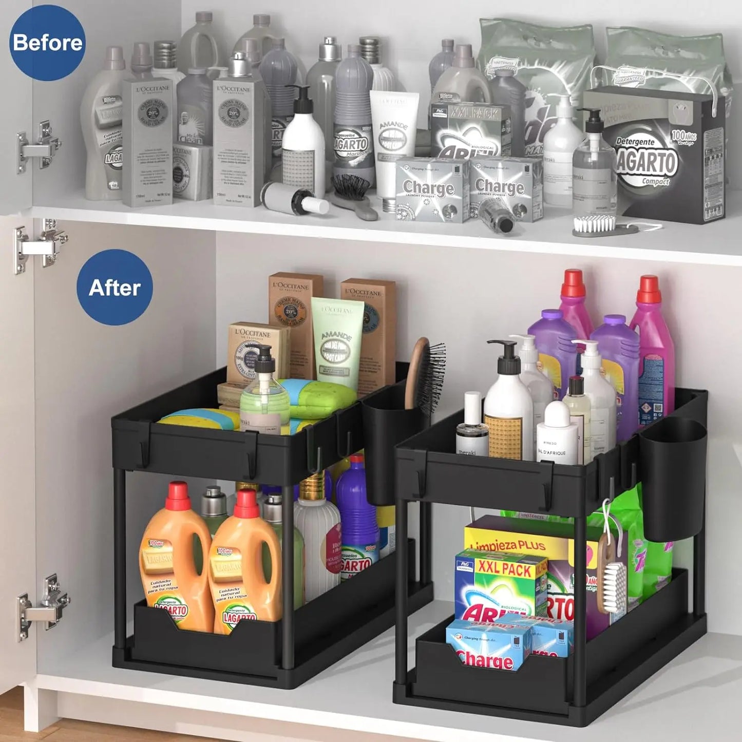 Under Sink Organizer Rack 2 Tier Under Sliding Cabinet Basket Organizer Drawer with 4 Hooks, Storage Holder for Bathroom Kitchen