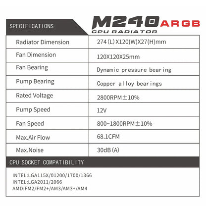 Sejishi refroidissement de refroidissement CPU refroidisseur m240 argb ventilateur liquide thermique liquide Radiateur intégré LGA 2066 / 2011/1151/1155 / AM3 + / AM4 WaterCooler