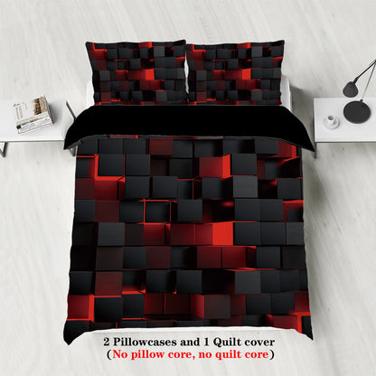 3pcs Red transparent grid visual effects bedding set, suitable for teenagers and adult bedroom,1*duvet cover+2*pillowcase