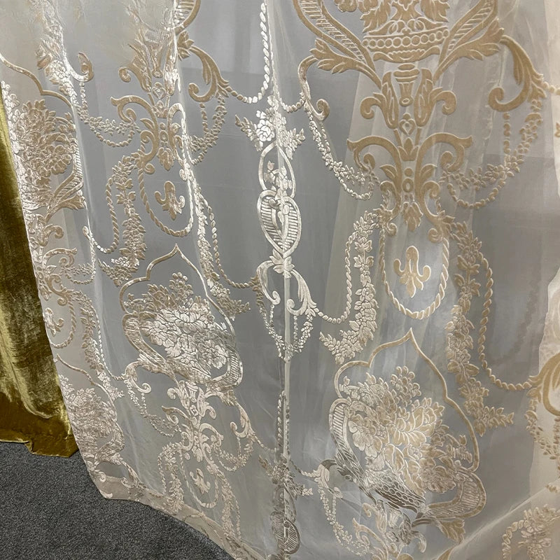 Silk Velvet Foil Stamping Luxury Gold Blackout Curtains for Living Room Bedroom Dining Nature Vertically Custom Size White Tulle