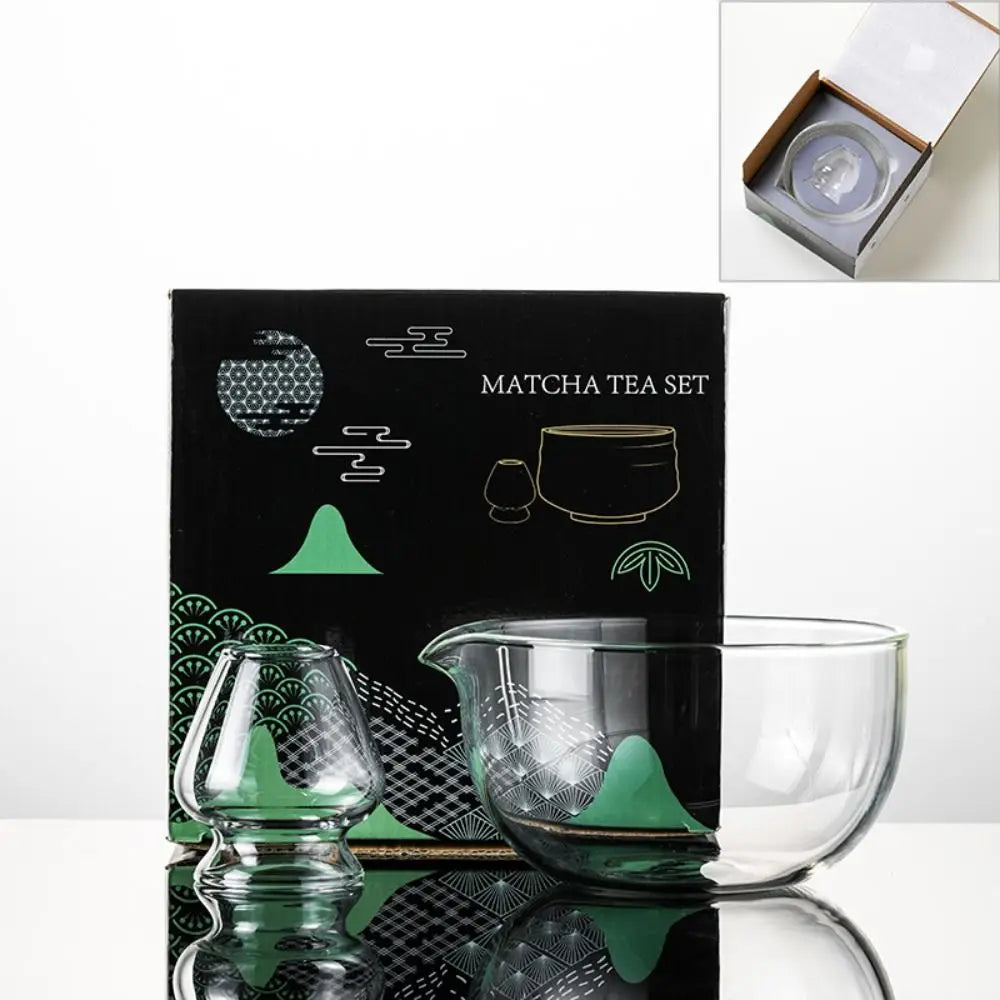 New Textured Matcha Bowl Glass Reusable Japanese Tea Set with Pouring Spout Matcha Making Kit Tea Lovers