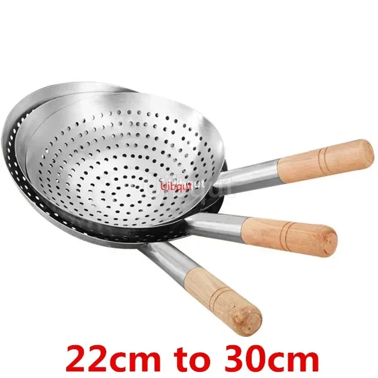 Großer großer dicker Edelstahl -Mesh -Sieb Colander Wok Holzgriff Kochgeschirr Ölmehl Sifter Colander Küche Kochen Wok