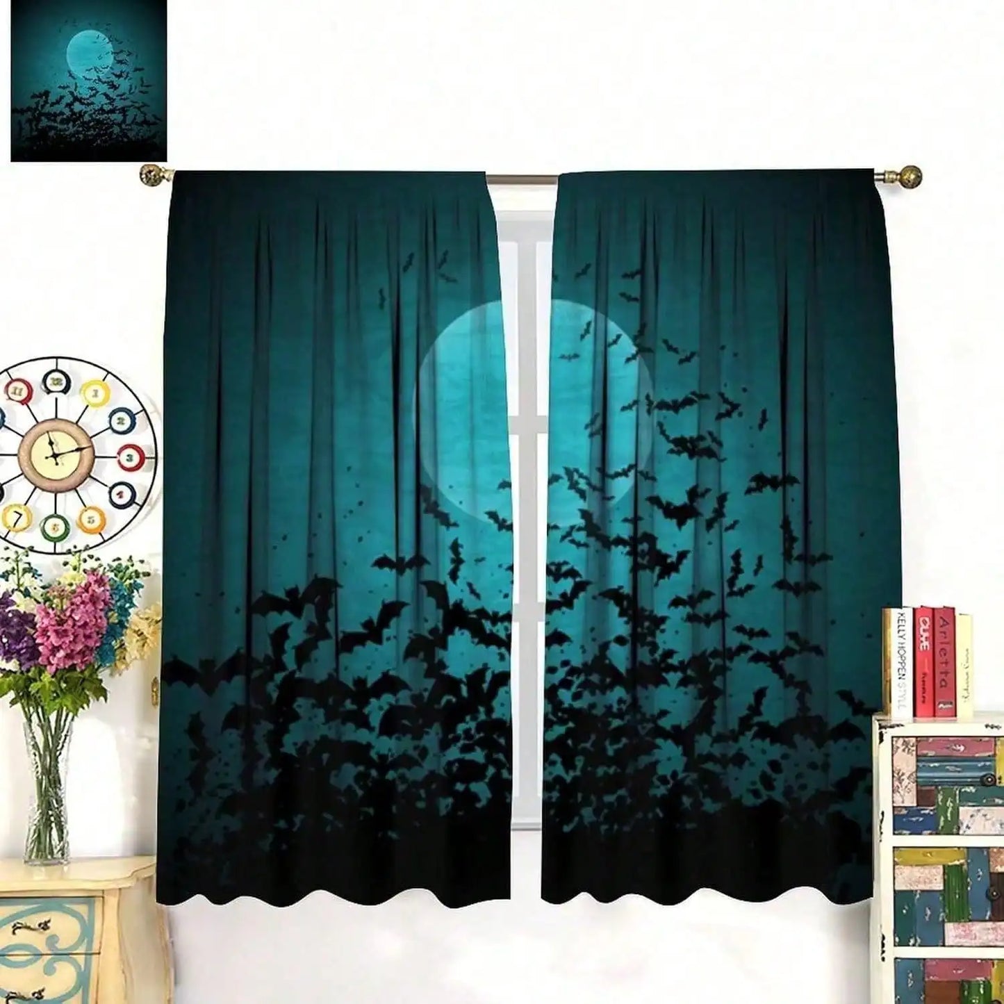 Black Flying Bats Blackout Curtains, Halloween Night Moon Scene With Bats Print, 2-Panel Rod Pocket Window Drapes For Bedroom