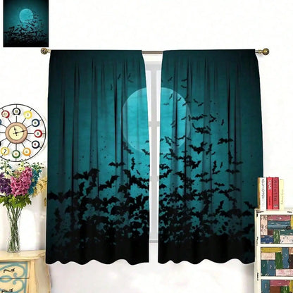 Black Flying Bats Blackout Curtains, Halloween Night Moon Scene With Bats Print, 2-Panel Rod Pocket Window Drapes For Bedroom