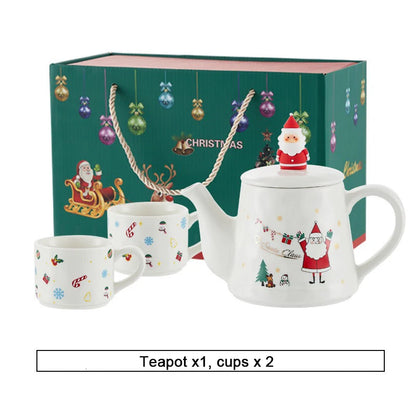 Christmas Ceramics Teaware Sets Coffee Cup & Saucer Santa Claus Elk Snowman Tea Pot and Cup Set Drinkware Xmas Gift 1 Pot 2 Cups