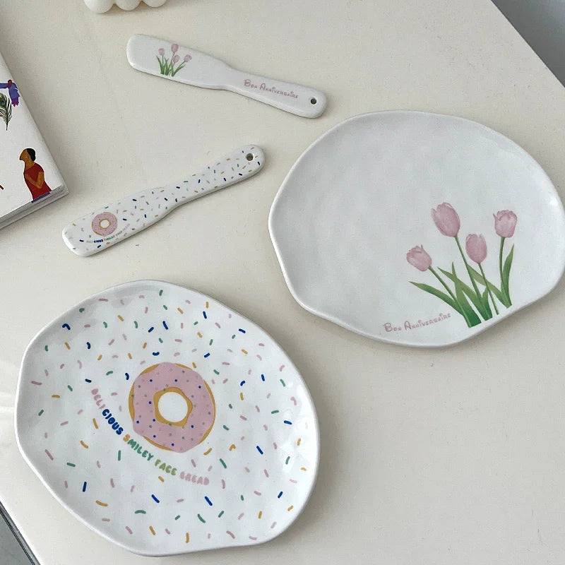 Keramische bord dinerset ins mooie tulpen donuts boter kaasmes Frans dessertplaat jam