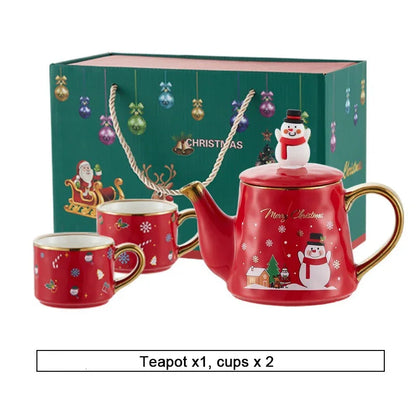 Christmas Ceramics Teaware Sets Coffee Cup & Saucer Santa Claus Elk Snowman Tea Pot and Cup Set Drinkware Xmas Gift 1 Pot 2 Cups