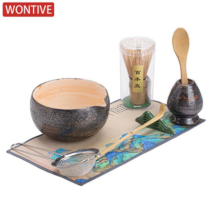 Vintage Japanese Power Yin Matcha Set Bamboo Whisk Teaspoon Ceramic Bowl Tranditional Tea Sets Home Tea-making Tools Accessories