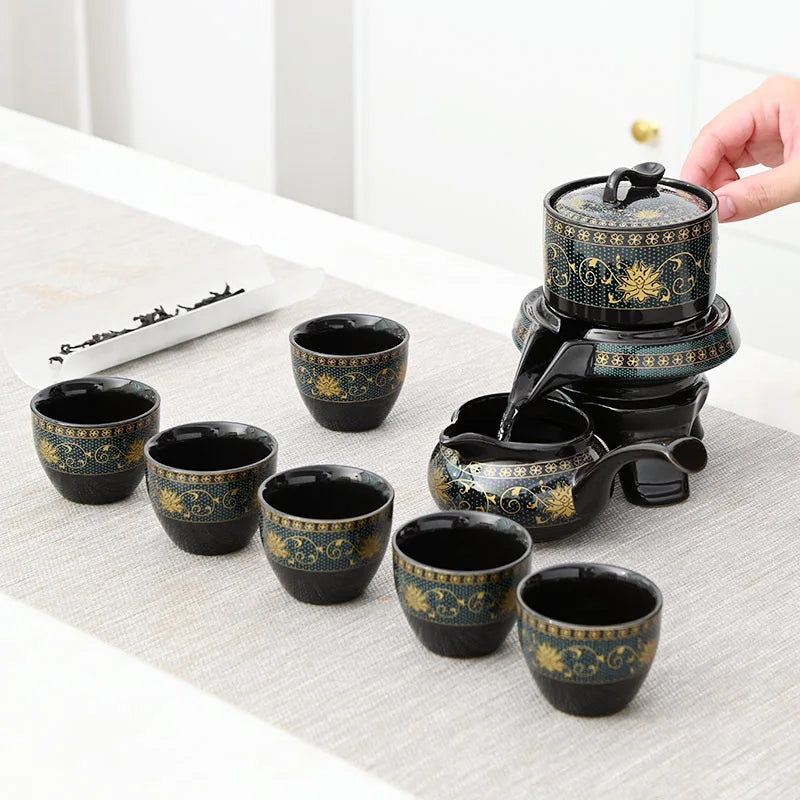 Creative Full Flower Graphite Automatic Tea Set Rotating Set Retro Ceramic Kung Fu Gift Teapot Teaware Sets