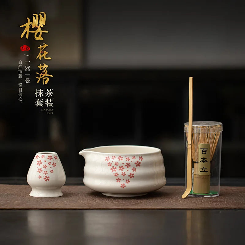 1-8Pcs Matcha sakura Set Japanese Handmade Matcha Teaset Gift Box with Glass Bowl Bamboo Spoon Ceramic Whisk Holder and Sieve