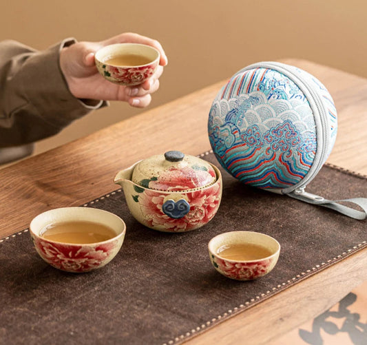 Hand Drawn Floral Ceramic Teaware Set Portable Travel Tea Set Outdoor Camping Kung Fu Tea Set 1 Pot 3 Cups Tea Brewing Utensils