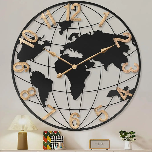 36 Inch Extra Giant Oversized Black Metal Wall Clock,Large Modern Decorative Silent World Map Wall Clock