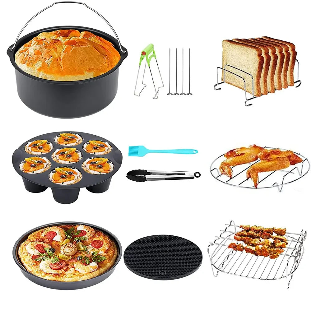 Accesorios de freidora de aire de 8/1 para PC Juego de accesorios de freidora de aire de grado alimenticio con canasta de pastel Pizza de pizza de acero inoxidable