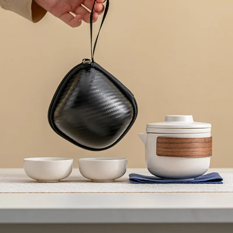 1 set of portable teacup set travel set ceramic kung fu tea set outdoor camping one teapot and two cups of gifts