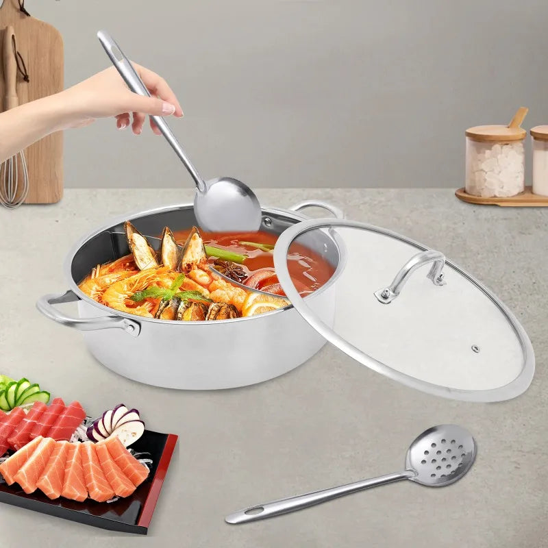 Shabu Pot 304 Food Grade Stainless Steel with Lid Divider Dual Sided Cookware for Induction Cooktop Gas Stove Kitchen Cooker