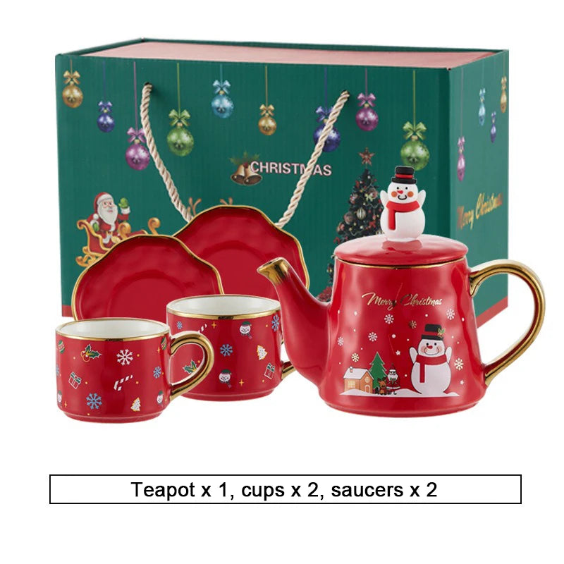 Christmas Ceramics Teaware Sets Coffee Cup & Saucer Santa Claus Elk Snowman Tea Pot and Cup Set Drinkware Xmas Gift 1 Pot 2 Cups