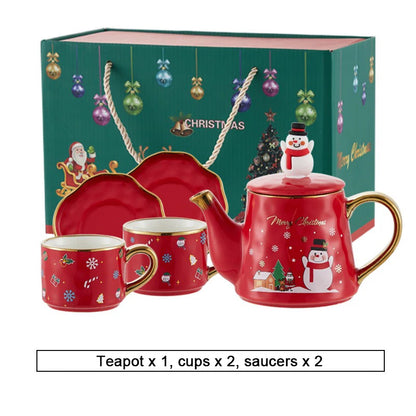 Christmas Ceramics Teaware Sets Coffee Cup & Saucer Santa Claus Elk Snowman Tea Pot and Cup Set Drinkware Xmas Gift 1 Pot 2 Cups