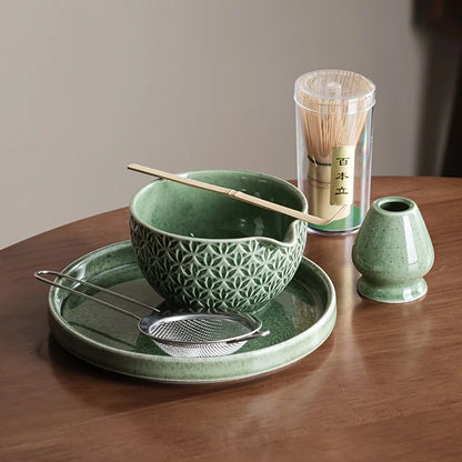 Japanese Matcha Set 2/5/6 Pieces - Green Pattern Tea Bowl, Bamboo Stirrer, Spoon & Filter - Traditional Japanese Tea Ceremony
