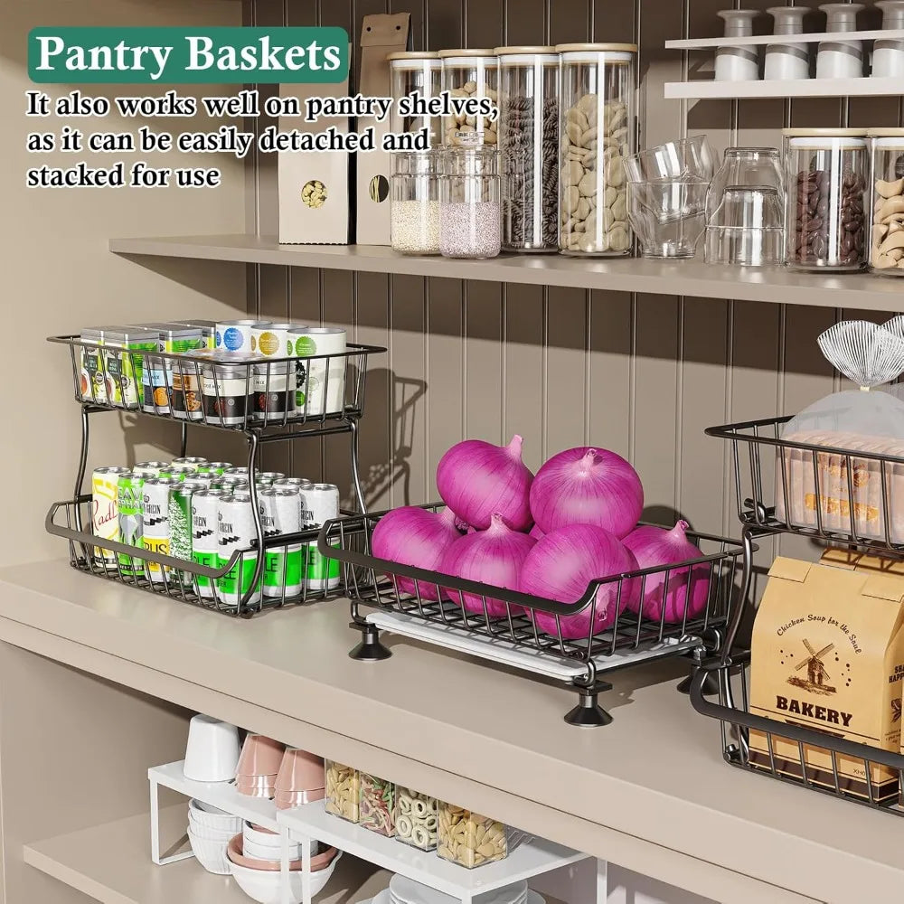 Pantry Floor Organizer and Storage Cart with Wheels, Stackable Wire Pantry Baskets for Pantry Shelves, Kitchen Fruit Basket