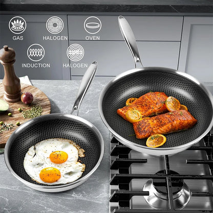 Stainless Steel Frying Pan with Lid Honeycomb Non Stick Frying Pan Non Toxic Skillet Egg Omelete Pans Kitchen Cookware JT561