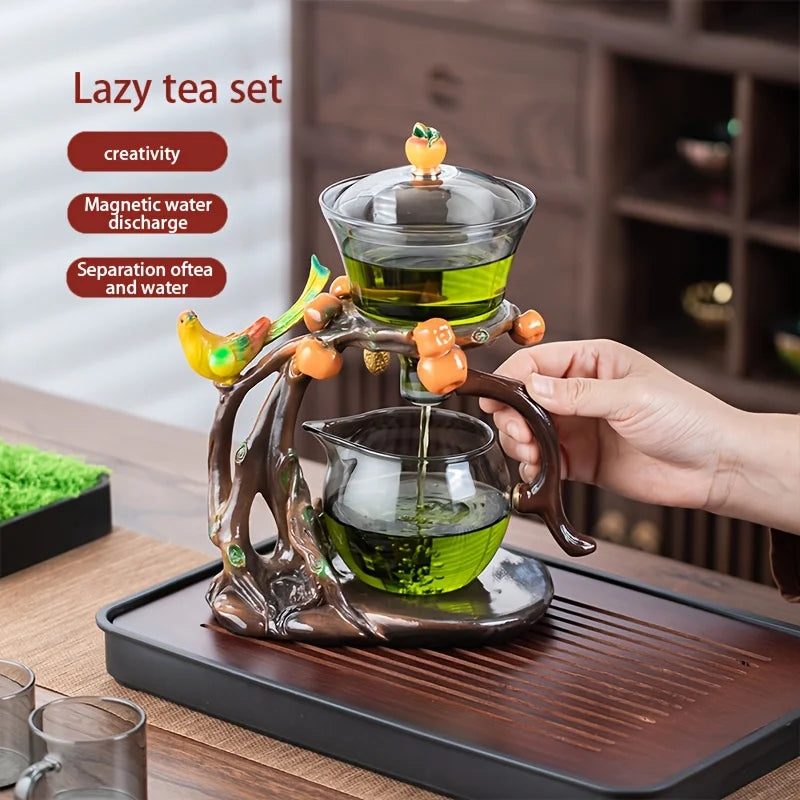 Eco-Inspired Faux Wood Glass Teapot - Magnetic One-Touch Infuser | Nature Decor, Spill-Proof, Ceremonial Tea Set