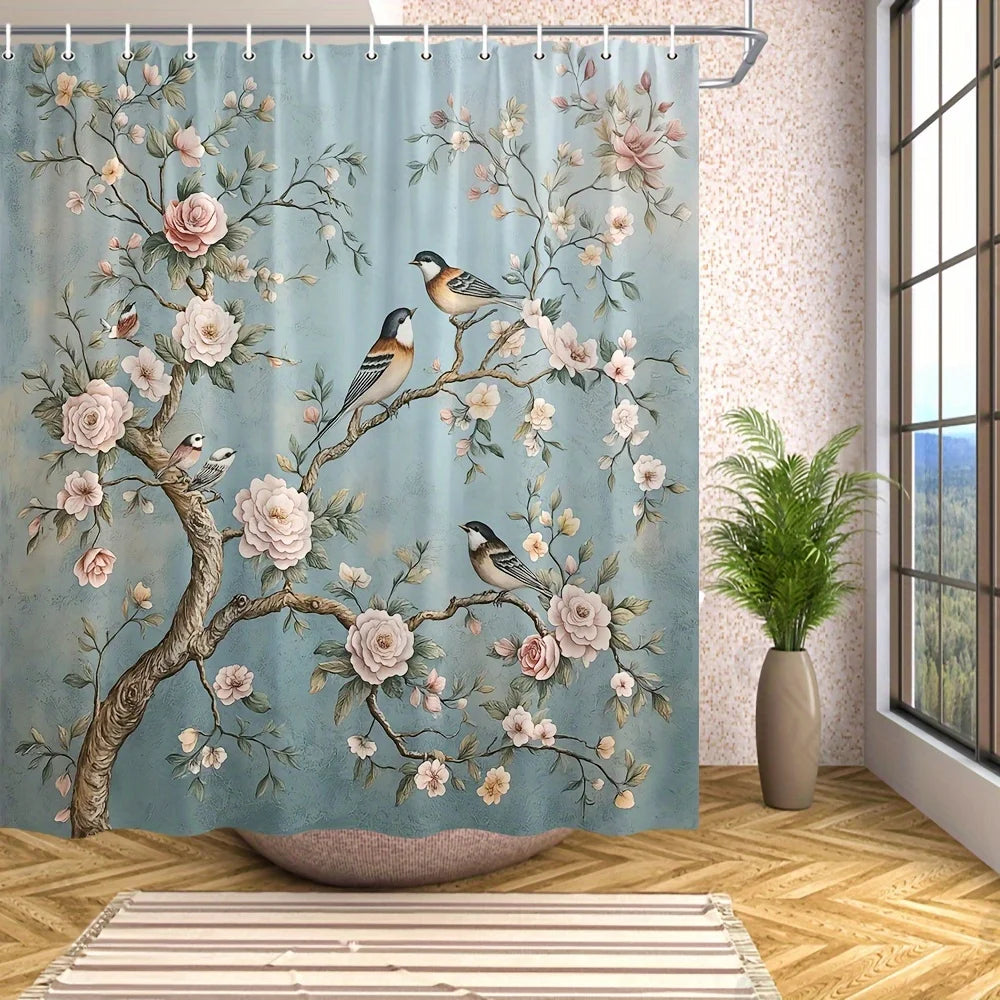 Blooming Branches and Birds Shower Curtain- Multi-Style Bath Decor, Perfect for Those Who Love Nature-Inspired and Practical